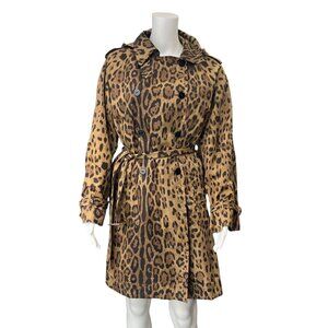 $495 Jane Post Brown Leopard Trench Belted Double Breasted Nylon Coat sz Medium